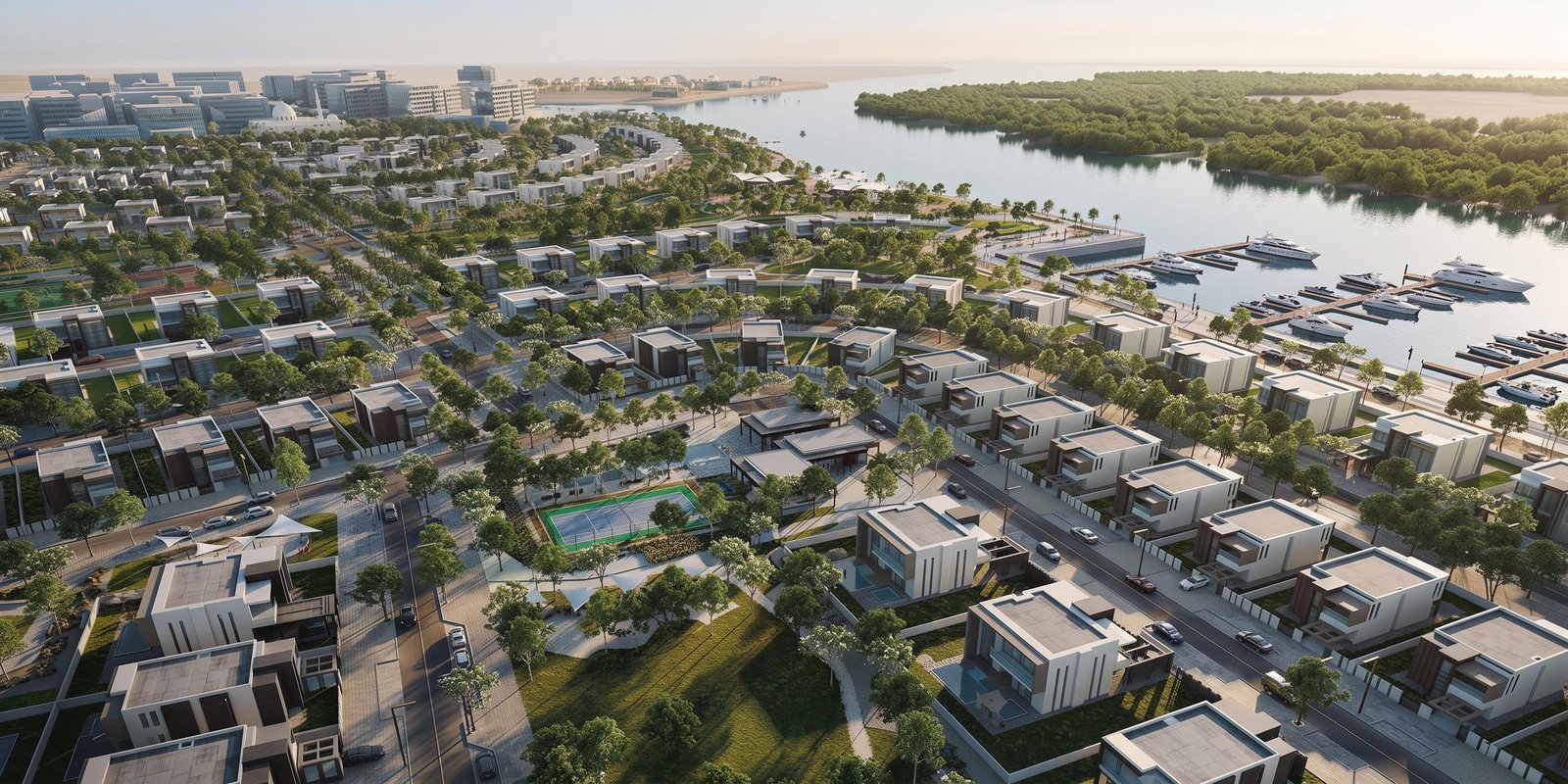 Beautifully landscaped community parks and modern road infrastructure across Yas Island plot communities Abu Dhabi