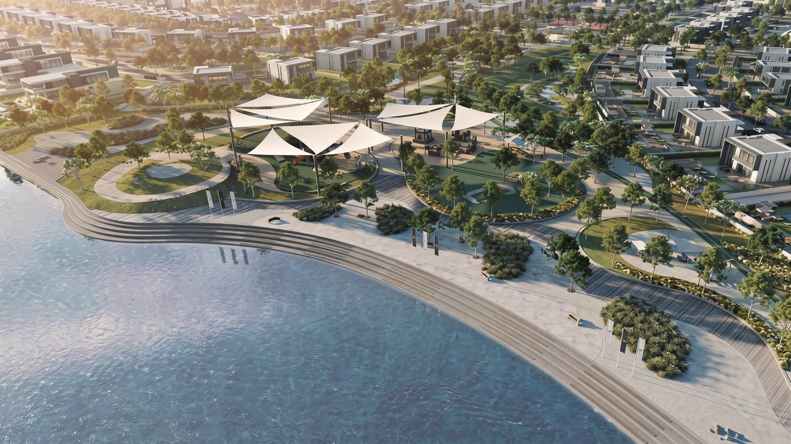 Panoramic aerial view of luxury waterfront and golf residential land plots on Yas Island Abu Dhabi